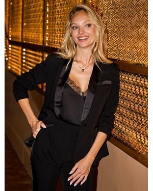 Sosandar Satin Collar Tuxedo Blazer - Black