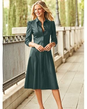 Sosandar Faux Leather Popper Front Shirt Dress - Green