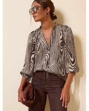 Friends Like These Zebra Print Long Sleeve Chiffon Tie Neck Blouse - Brown