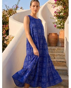 Roman Floral Motif Midi Dress - Blue