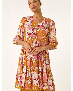 Roman Patchwork Smock V-Neck Dress - Red
