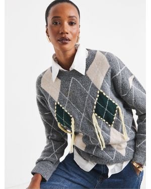 JD Williams Loose Thread Argyle Sweater - Gray