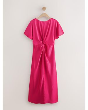 Next Textured Satin Short Sleeve Twist Front Midi Dress - Pink