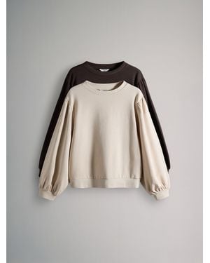 The Set 2 Pack Relaxed Crew Neck Puff Sleeve Sweatshirts Chocolate/Cream - Brown