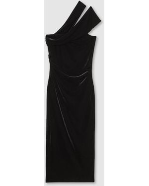Reiss Dalia - Black Velvet One-shoulder Midi Dress, Us 12
