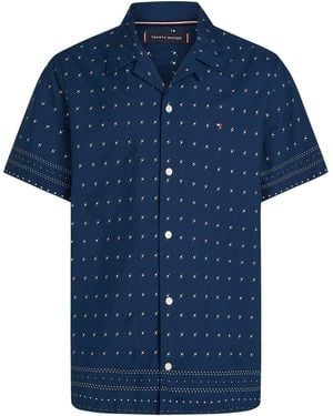 Tommy Hilfiger Regular Fit Flex Poplin Bandana Short Sleeve 100% Cotton Shirt - Blue