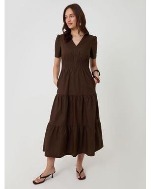Threadbare 100% Cotton Poplin Tiered Midaxi Dress - Brown