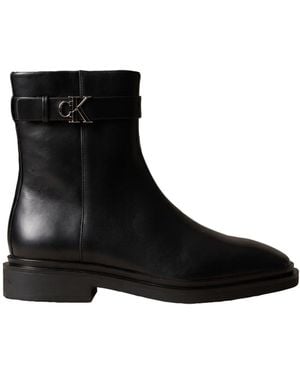Calvin Klein Leather Signature Ankle Boots - Black