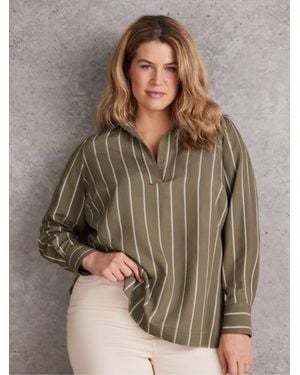 Live Unlimited Khaki Striped Long Sleeve Collared Shirt - Brown