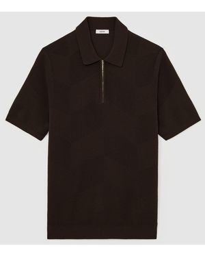 Reiss Cotton-Blend Chevron-Knit Half-Zip Polo Shirt - Black