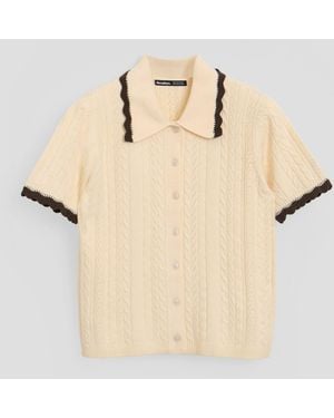 Threadbare Cable Scallop Trim Polo Knitted Top - Natural