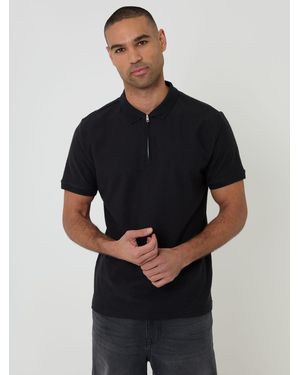 Threadbare Textured Quarter Zip Polo Shirt - Black