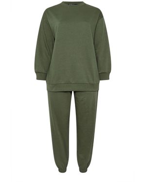 Yours Curve Crewneck Sweatshirt & Cuffed Joggers Set - Green