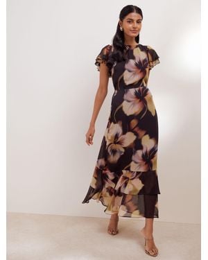 Friends Like These Blurred Floral Metallic Ruffle Sleeve Midi Dress - Blue