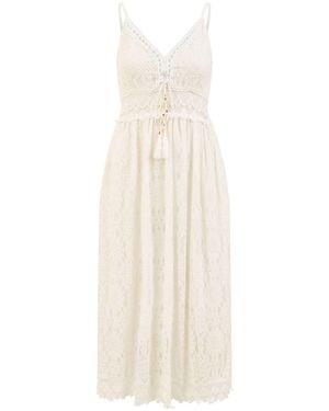 Yumi' Lace Midi Sundress With Tassel Tie And Ruched Back - White