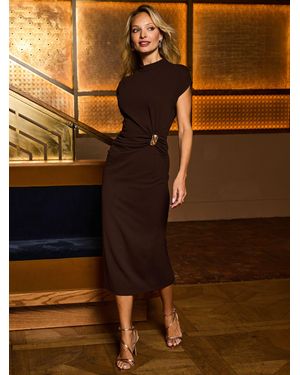 Sosandar High Neck Ruched Midi Dress With Detail - Brown
