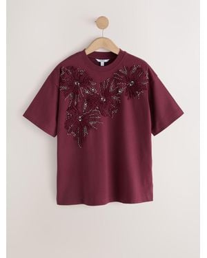 Next Wine Short Sleeve Floral Embellished T-Shirt - Red