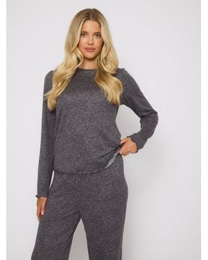 Loungeable Crew Neck Super Soft Marl Brushed Rib Long Pajamas Set - Gray