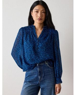 Whistles Floral Textured V-Neck Blouse - Blue