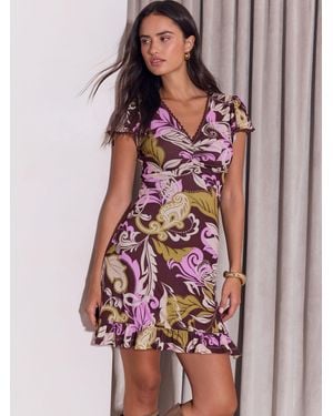 Lipsy Paisley Printed Jersey Short Sleeve V-Neck Trim Mini Dress - Brown