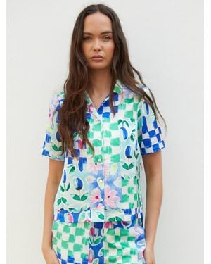ANOTHER SUNDAY Floral Printed Check Satin Shirt - Blue