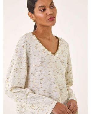 Roman Contrast Stitch V-Neck Tunic Top - Natural
