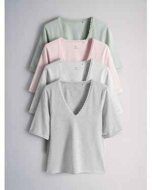 The Set 4 Pack Mid Sleeve V-Neck Lace Tops - Grey
