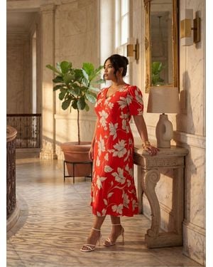 Live Unlimited Floral V-Neck Puff Sleeve Midaxi Dress - Brown