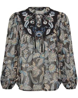 M Com Petite Embroidered Boho Blouse - Gray