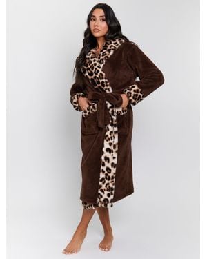 Loungeable Leopard Print Faux Fur Trim Midi Dressing Gown - Multicolour