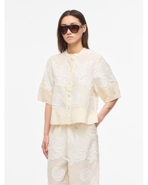 ROUGE EDIT Short Sleeve Floral Detail O-Neck Button Through Top - Natural