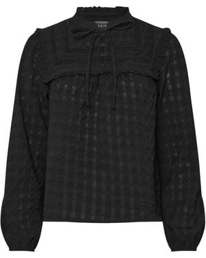 PixieGirl Petite Tie Neck Crinkle Crochet Long Sleeve Top - Black