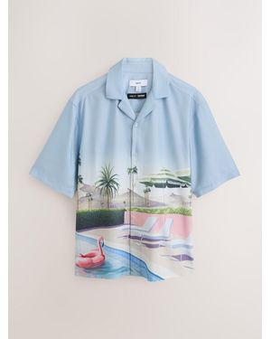 Next Relaxed Fit Print Revere Collar Short Sleeve Shirt - Blue