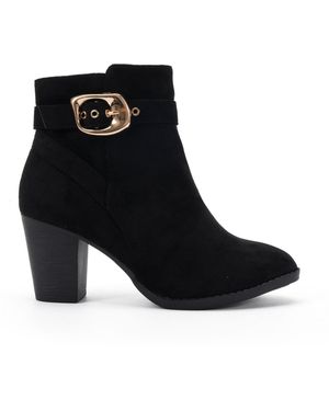 Novo Wide Fit Julianna Buckle Detail Almond Toe Block Heel Ankle Boots - Black