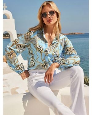 Sosandar Wow Print Blouson Sleeve Shirt - Blue