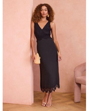 Love & Roses V-Neck Lace Bodice Midi Dress - Natural