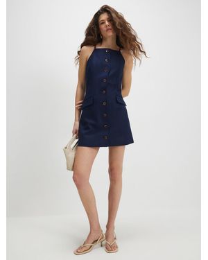River Island Sleeveless Linen Look Button Front Mini Dress - Blue