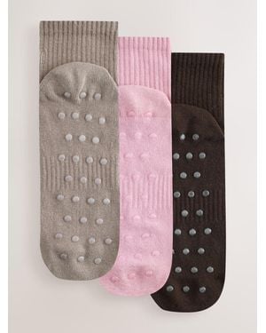 Self Mocha Cropped Ankle Embroidered Pilates Gripper Socks 3 Pack - Pink