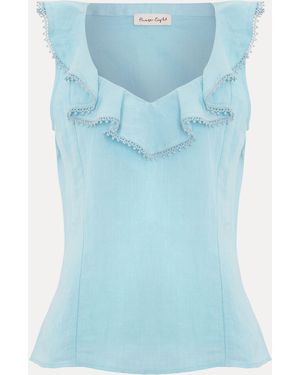 Phase Eight Rhona Linen Frill Blouse - Blue