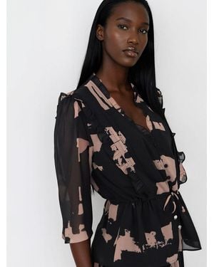 Religion Façade Print Evie Ruffle Blouse With Tie Waist - Black