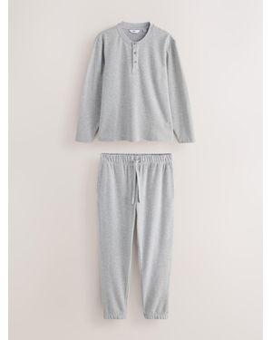 Next Light Grandad Collar Long Sleeve Soft Waffle Pajamas Set - Gray