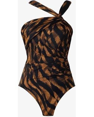 Miraclesuit Asymmetrical Halter Neckline Hidden Underwire Leopard Print Tummy Control Swimsuit - Black