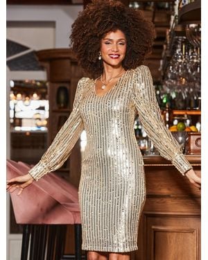 Sosandar Sequin Balloon Sleeve Pencil Dress - Brown