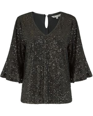 Yumi' Sequin Top With Fluted Sleeve - Black