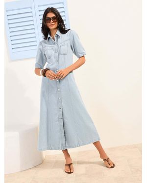 Friends Like These Petite Button Through Denim Midaxi Shirt Dress - Blue