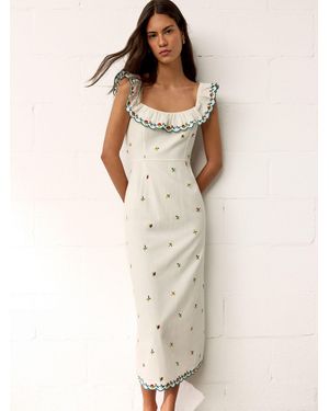 BHOEM Floral Embroidery Midi Dress With Linen - White