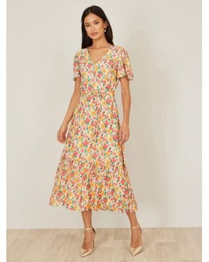 Yumi' Midi Tea Dress With Angel Sleeves - Natural