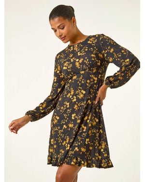 Roman Floral Print Frill Stretch Dress - Yellow