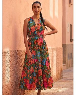 Roman Floral Shirred Maxi Dress - Orange
