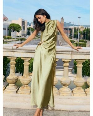 Friends Like These Petite Satin Sleeveless Draped Hardware Midi Dress - Green